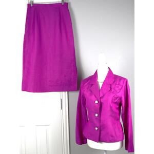 Fushia Pink Purple SILK LINEN Skirt Suit Blazer 2 Piece Set Pearl Womens PM